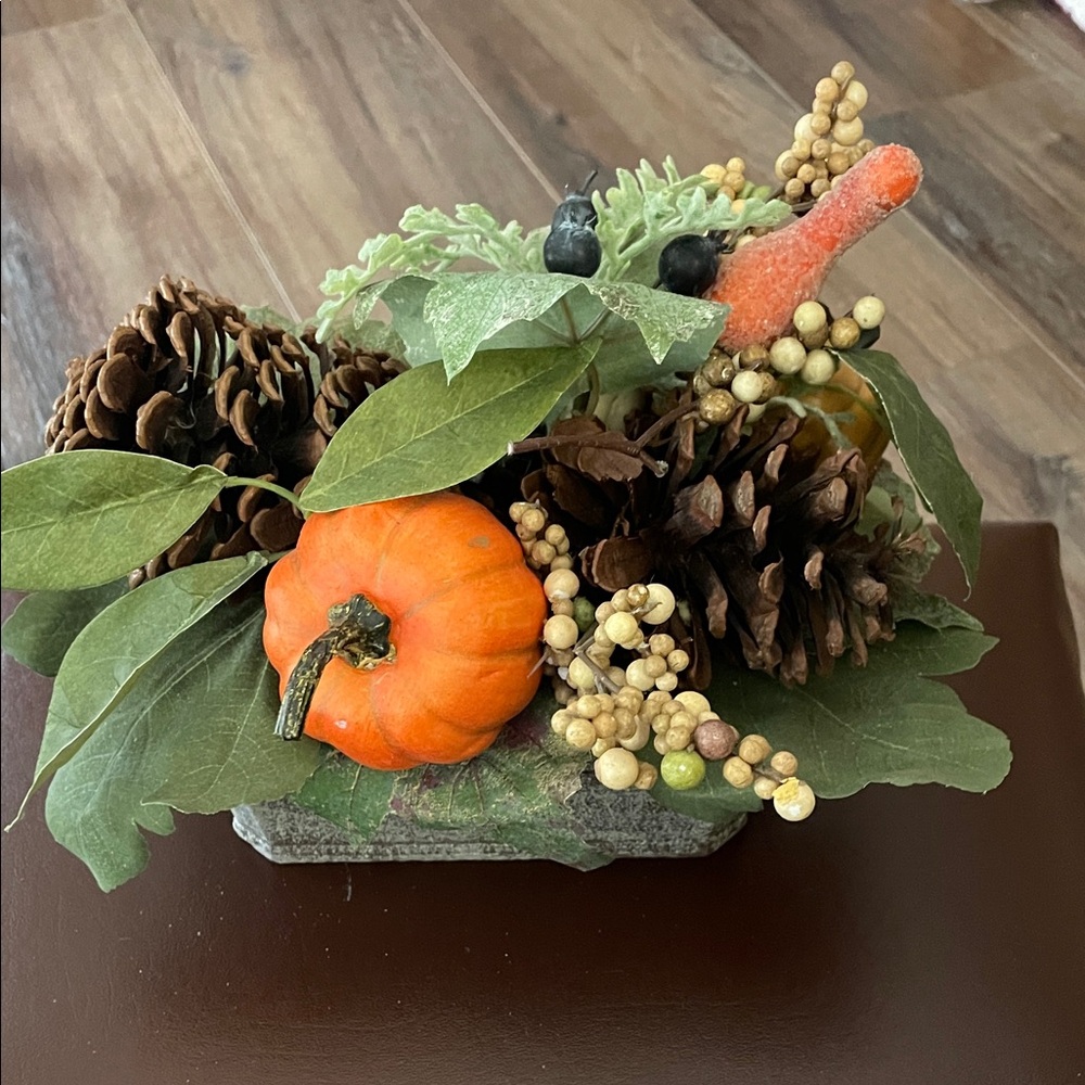Autumn Harvest Centerpiece with Pinecones and Pumpkins